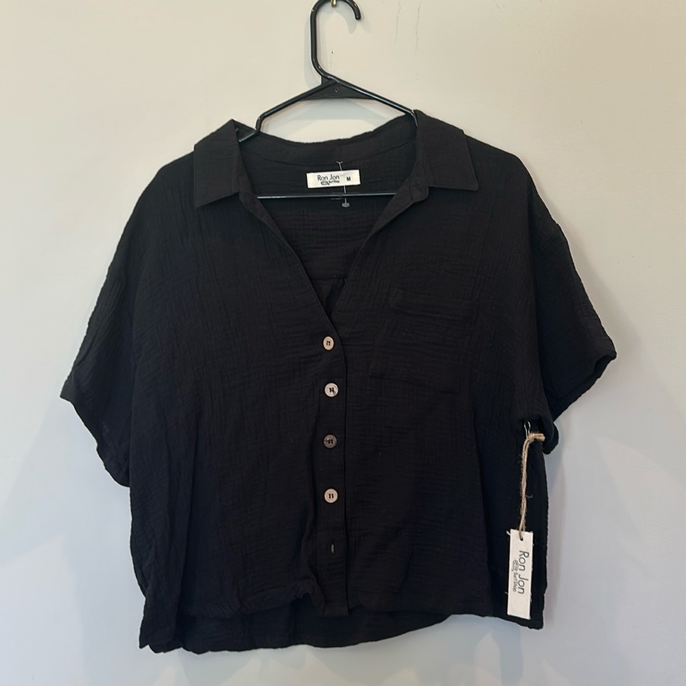NWT Ron Jon Black Linen short sleeve top